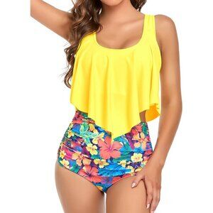 Edelqual Tankini Swimsuit High Waisted Bikini Yellow Floral Two Piece LARGE